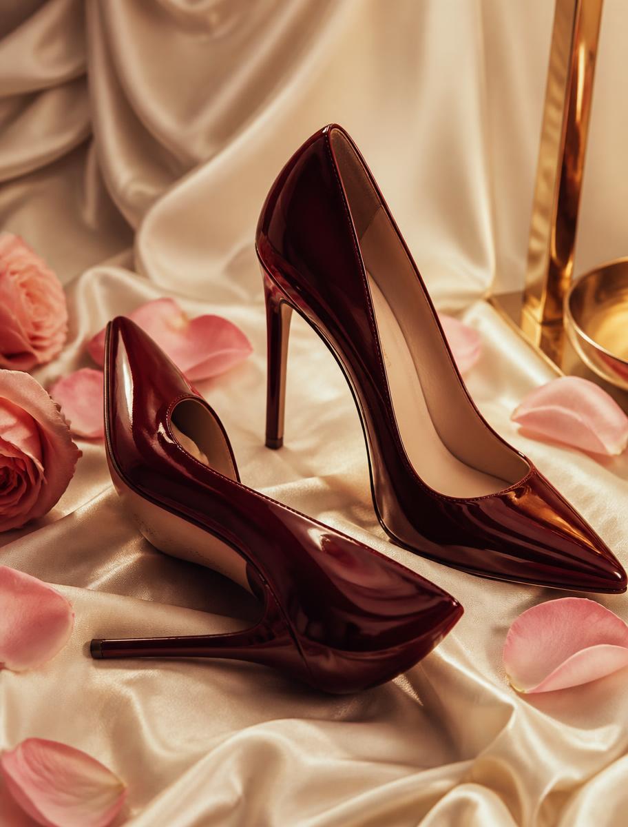 Wine patent stiletto heels styled on ivory silk